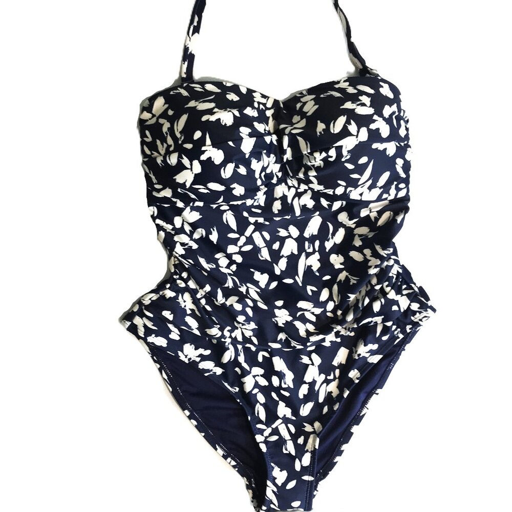 One Piece Swimsuit Navy Blue White Ruched Sides Padded Push-Up M